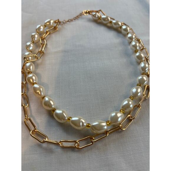Double Layer Faux Pearl Chunky Gold Paperclip chain Necklace Cottagecore Classy - Picture 2 of 7